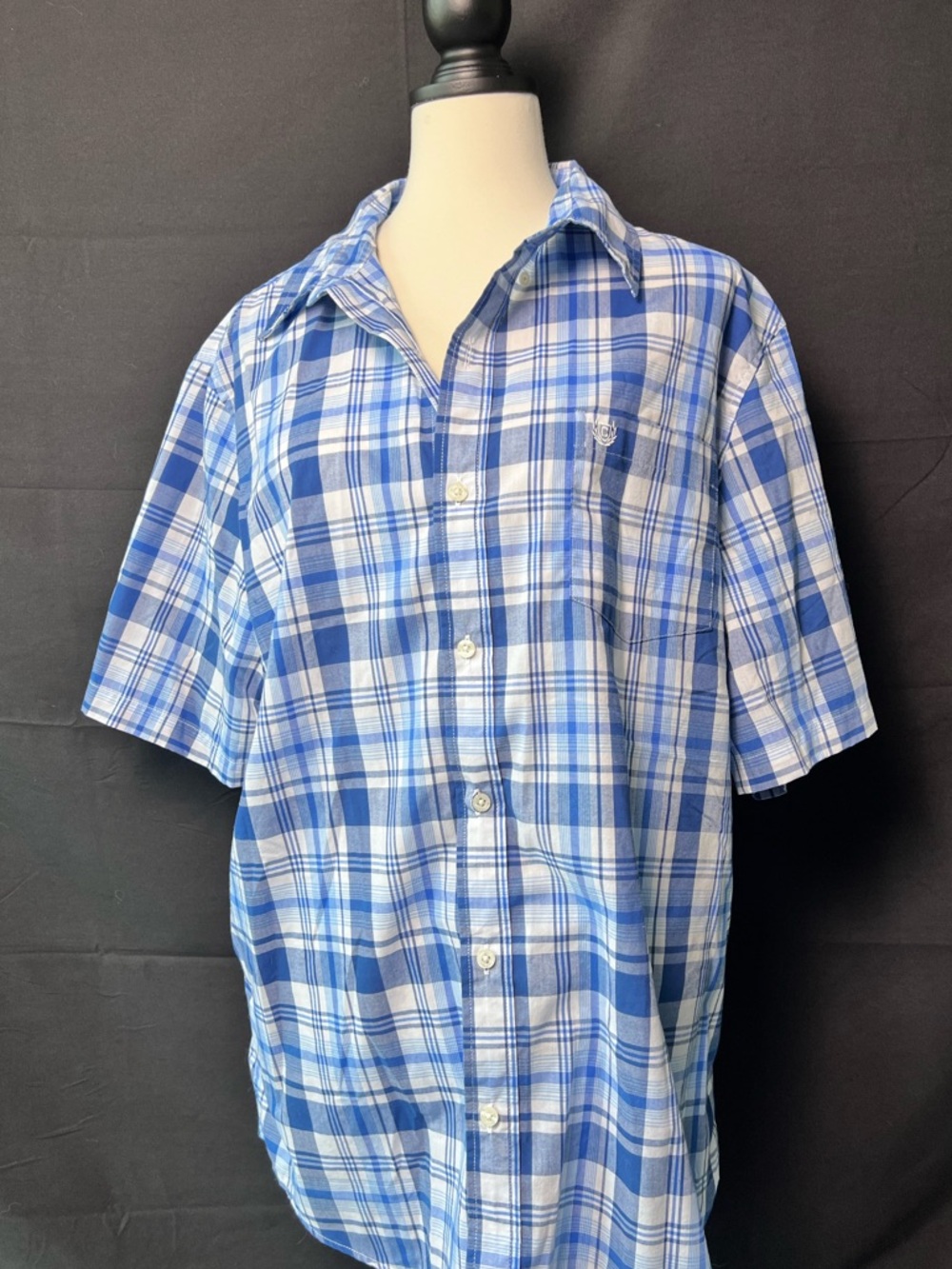 Chaps Blue and White Plaid Short-Sleeve Button-Down Shirt